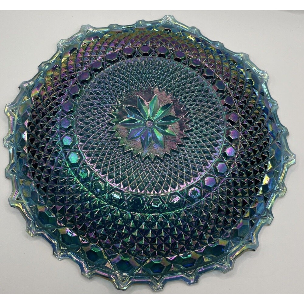 Vintage Indiana Glass Blue Iridescent Carnival Diamond Cut Ruffled Plate 10" - Picture 5 of 7